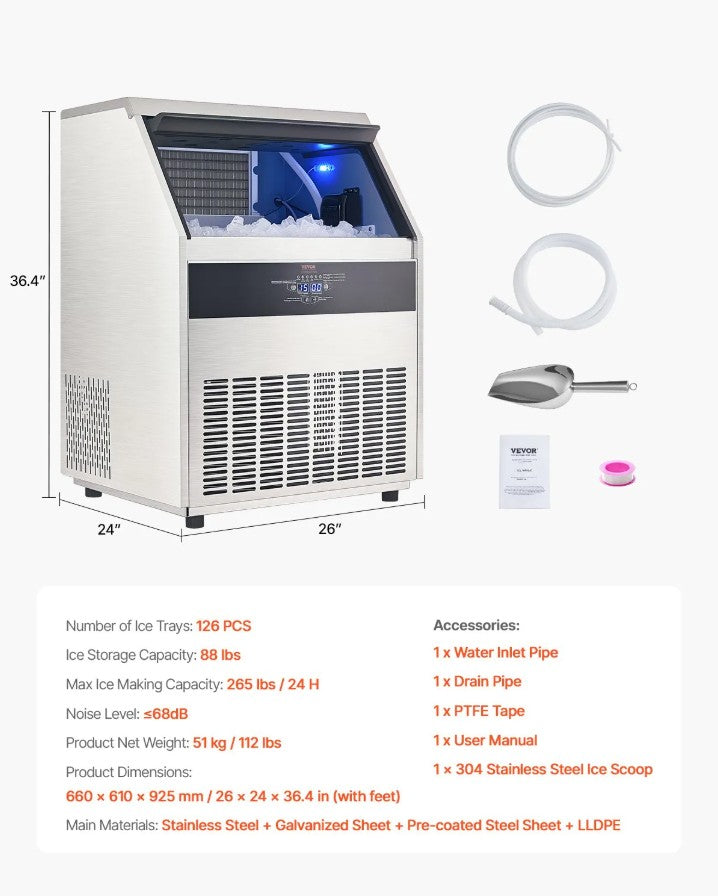 Vevor Commercial Ice Maker 265 Lbs/24H Freestanding Cabinet 88 Lbs Storage New