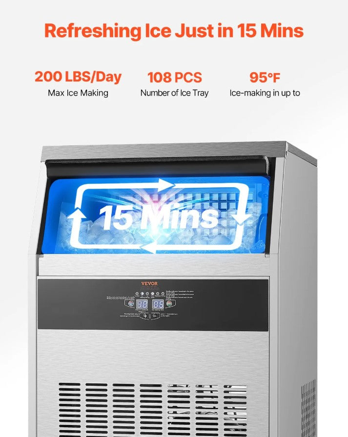 Vevor Commercial Ice Maker 200 Lbs/24H with 66 Lbs Storage and Self-Cleaning New