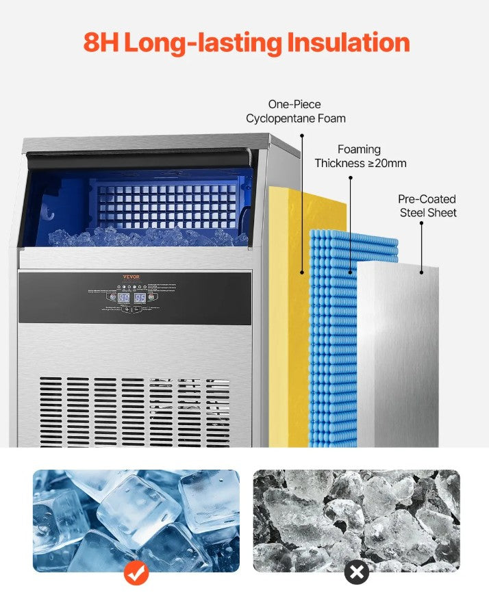 Vevor Commercial Ice Maker 200 Lbs/24H with 66 Lbs Storage and Self-Cleaning New