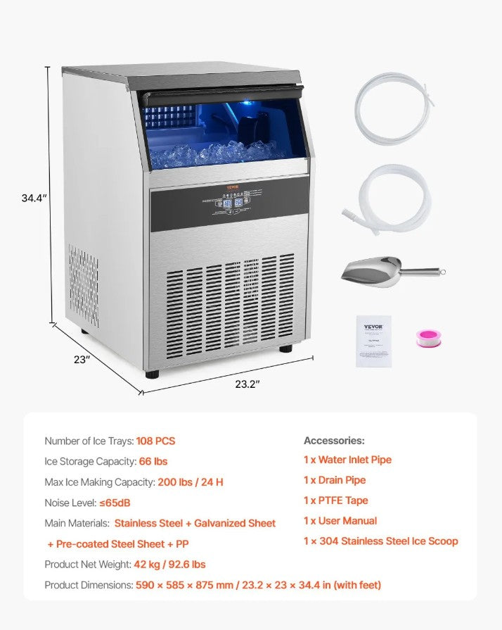 Vevor Commercial Ice Maker 200 Lbs/24H with 66 Lbs Storage and Self-Cleaning New