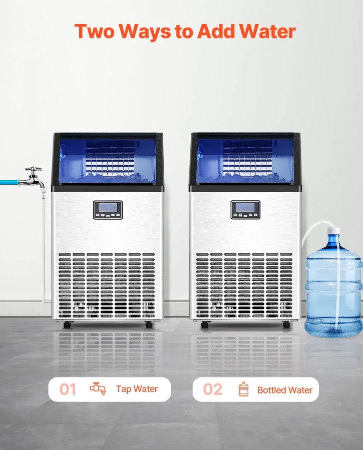 Vevor Commercial Ice Maker 150 Lbs/Day 33 Lbs Storage Dual Water Inlet and Self-Cleaning New