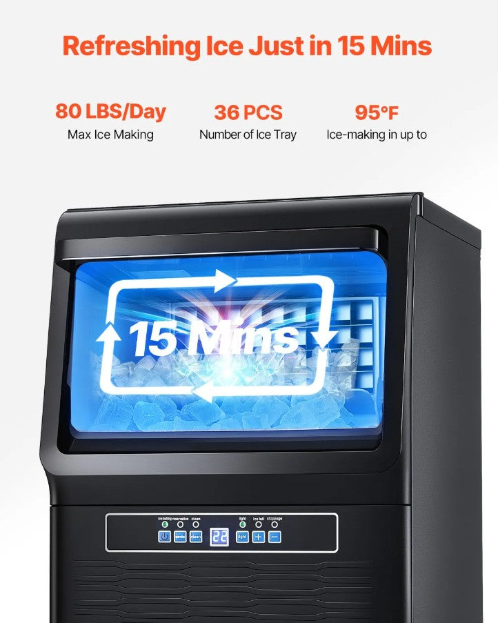 Vevor Commercial Ice Maker 80 Lbs/Day with 12 Lbs Storage and Self-Cleaning New