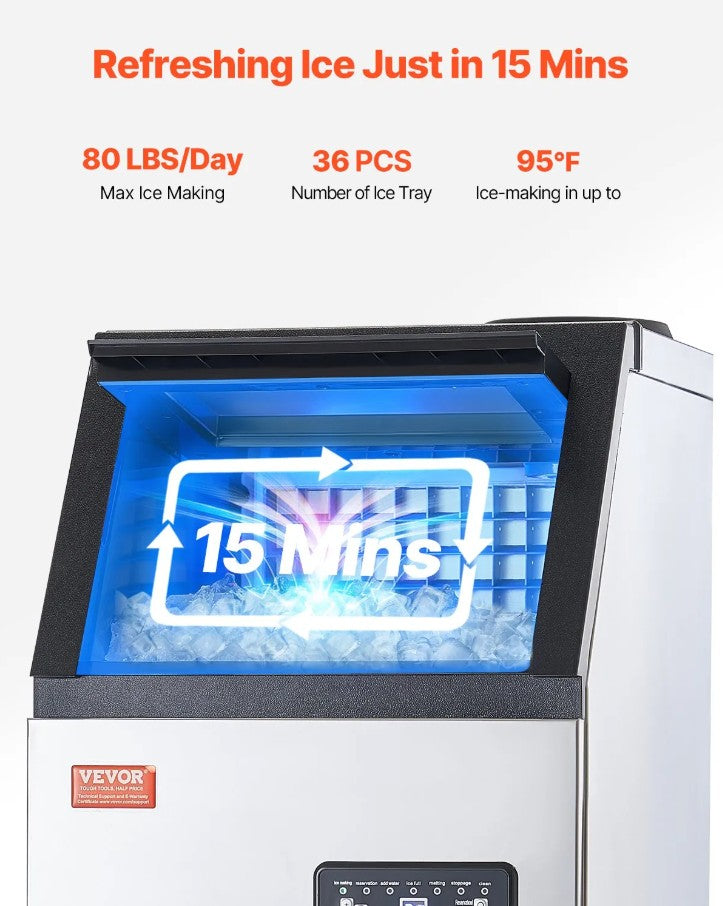 Vevor Commercial Ice Maker 80 Lbs/24H 36 Cubes per Cycle 28 Lbs Storage with Auto Clean New