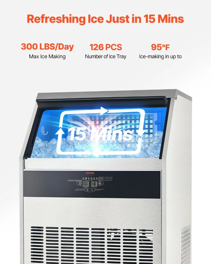 Vevor Commercial Ice Maker 300 Lbs/24H 126 Cubes 88 Lbs Storage Self-Cleaning New
