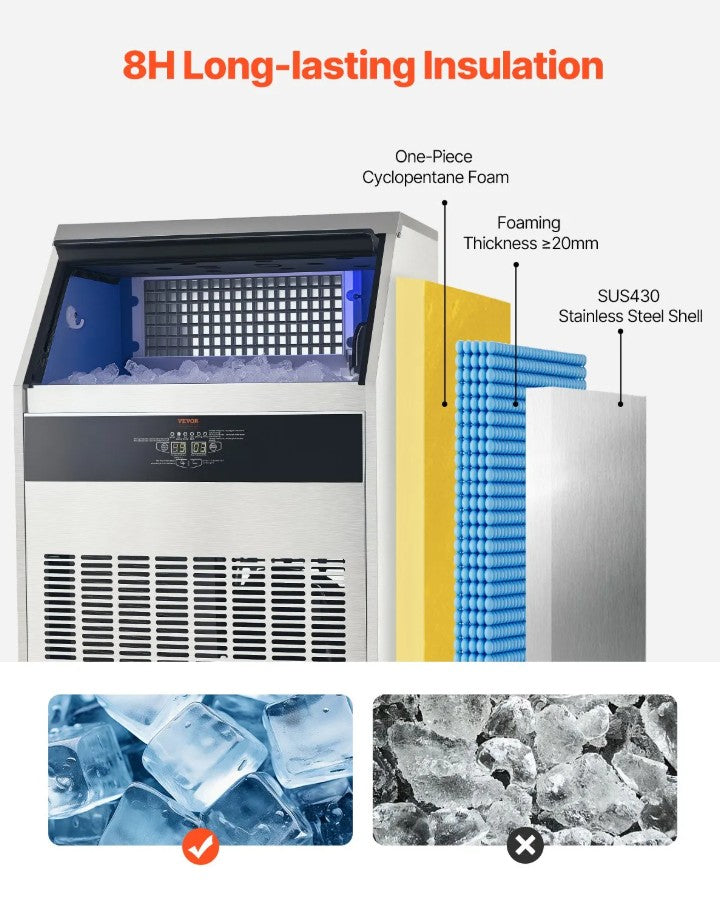 Vevor Commercial Ice Maker 300 Lbs/24H 126 Cubes 88 Lbs Storage Self-Cleaning New