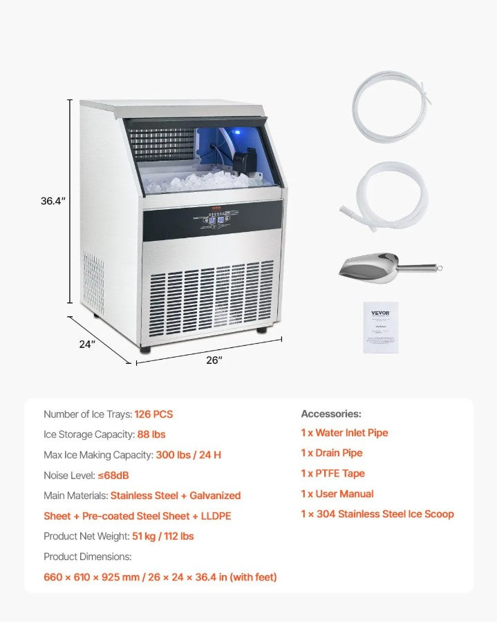 Vevor Commercial Ice Maker 300 Lbs/24H 126 Cubes 88 Lbs Storage Self-Cleaning New
