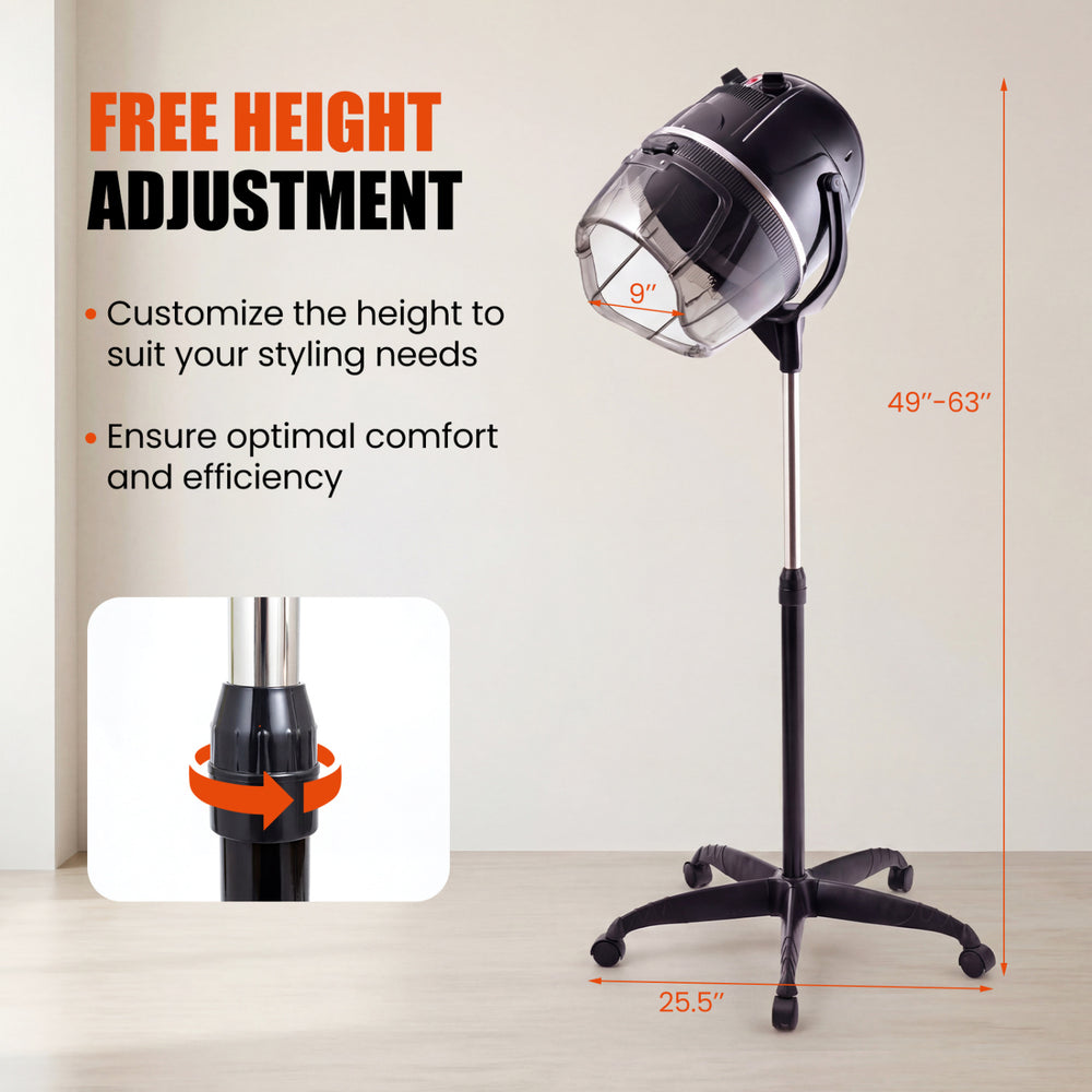 Salon standing hair dryer bonnet with adjustable height, swivel hood, and portable design for easy maneuverability.