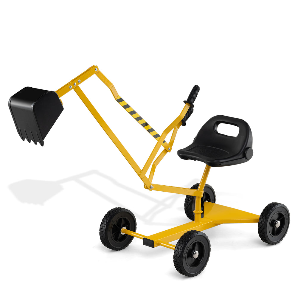 Yellow sand digger for kids with flexible shovel, adjustable arms, and 360-degree swivel design for sandbox fun.