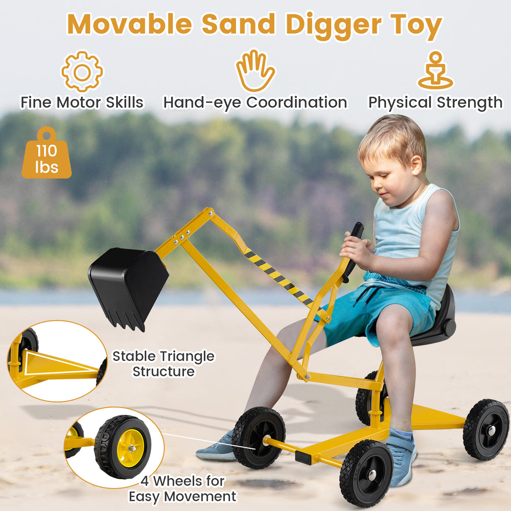 Movable sand digger toy for kids in yellow, featuring adjustable arms, flexible shovel, and 4 wheels for easy movement.