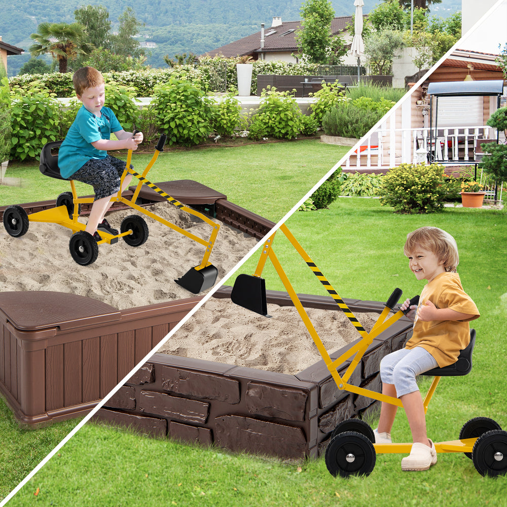 Kids enjoying the yellow sand digger toy with 360-degree swivel and adjustable arms for outdoor fun in the sandbox.