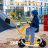 Yellow sand digger for kids with 360° rotating function, adjustable arms, and flexible shovel for sandbox fun.