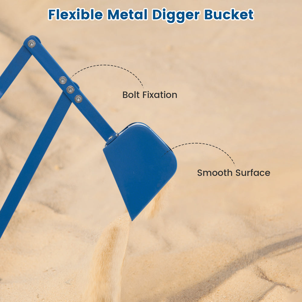 Flexible metal digger bucket with smooth surface and bolt fixation for kids' sand play and motor skill development.