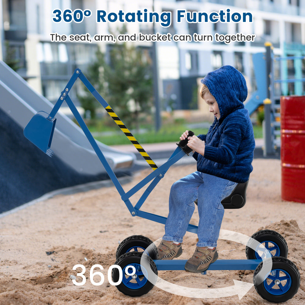 Blue sand digger for kids with 360° rotating function, adjustable arms, and flexible shovel for outdoor fun.