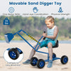 Movable sand digger toy for kids in blue, featuring 2-handed controls, adjustable arms, and 4 wheels for easy movement.