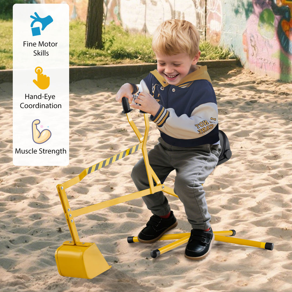 Yellow sand digger with two-handed controls, adjustable arms, and flexible shovel for kids aged 3+, promoting motor.