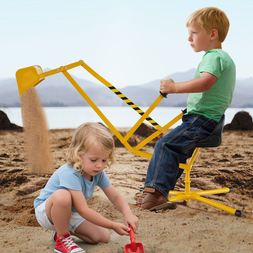 Kids enjoying the yellow sand digger with flexible shovel, perfect for outdoor play and developing motor skills.