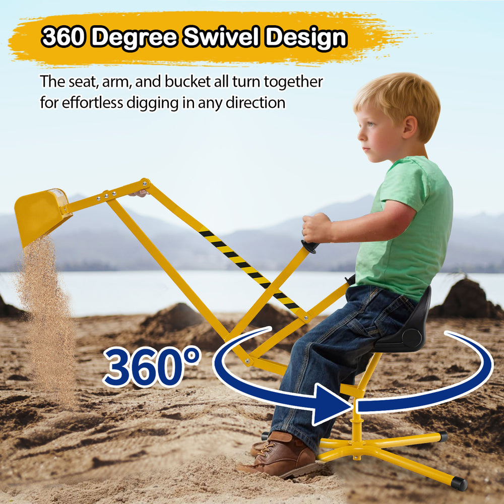 Yellow sand digger with 360-degree swivel design, adjustable arms, and flexible shovel for kids aged 3 and up.