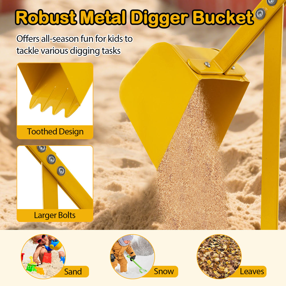 Yellow metal digger bucket with toothed design and larger bolts, perfect for kids to dig sand, snow, or leaves.