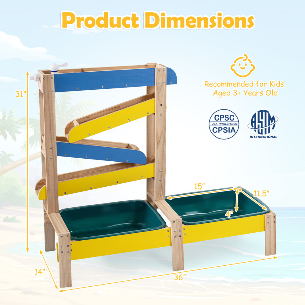 Montessori sensory play table with fir wood frame, two water basins, and colorful design for outdoor fun.