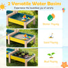 Sand and water table for toddlers featuring two basins, plant pots, and toys for outdoor sensory play and creativity.