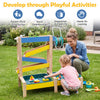 Montessori sensory play activity table with fir wood, featuring 2 water basins and colorful toys for outdoor fun.