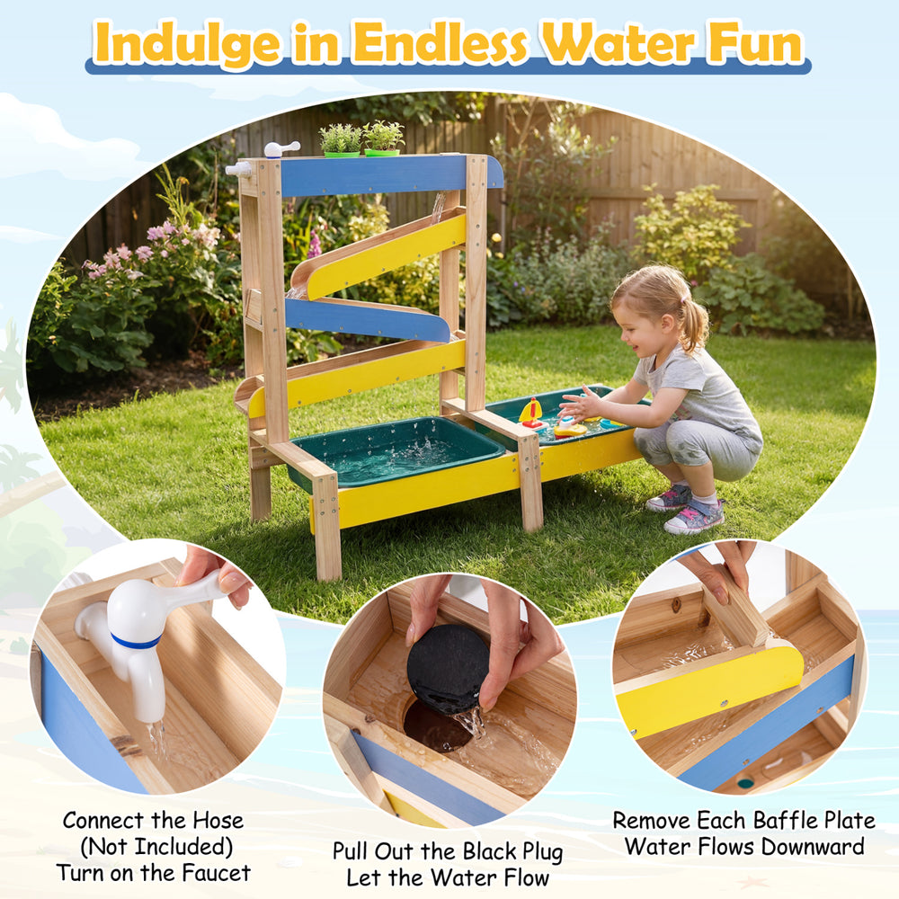 Sand and water table for toddlers featuring fir wood, two basins, and toys for outdoor sensory play and creativity.
