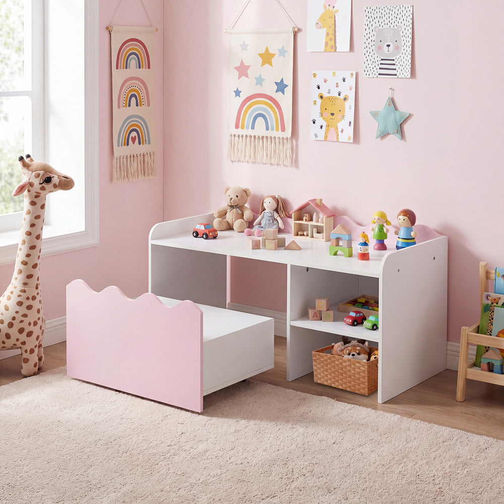 Scalloped kids bookshelf and toy storage organizer in pink, featuring a spacious tabletop for playful room decoration.