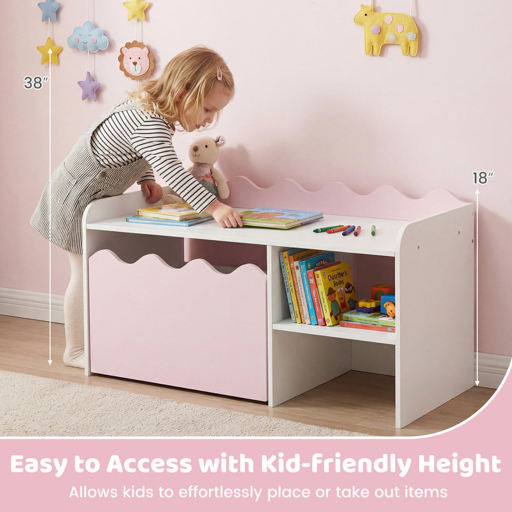Scalloped kids bookshelf and toy storage organizer in pink, featuring a spacious tabletop and open shelf for easy.