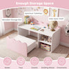 Scalloped pink kids bookshelf with spacious tabletop, open shelf, and movable toy box for organized playroom storage.