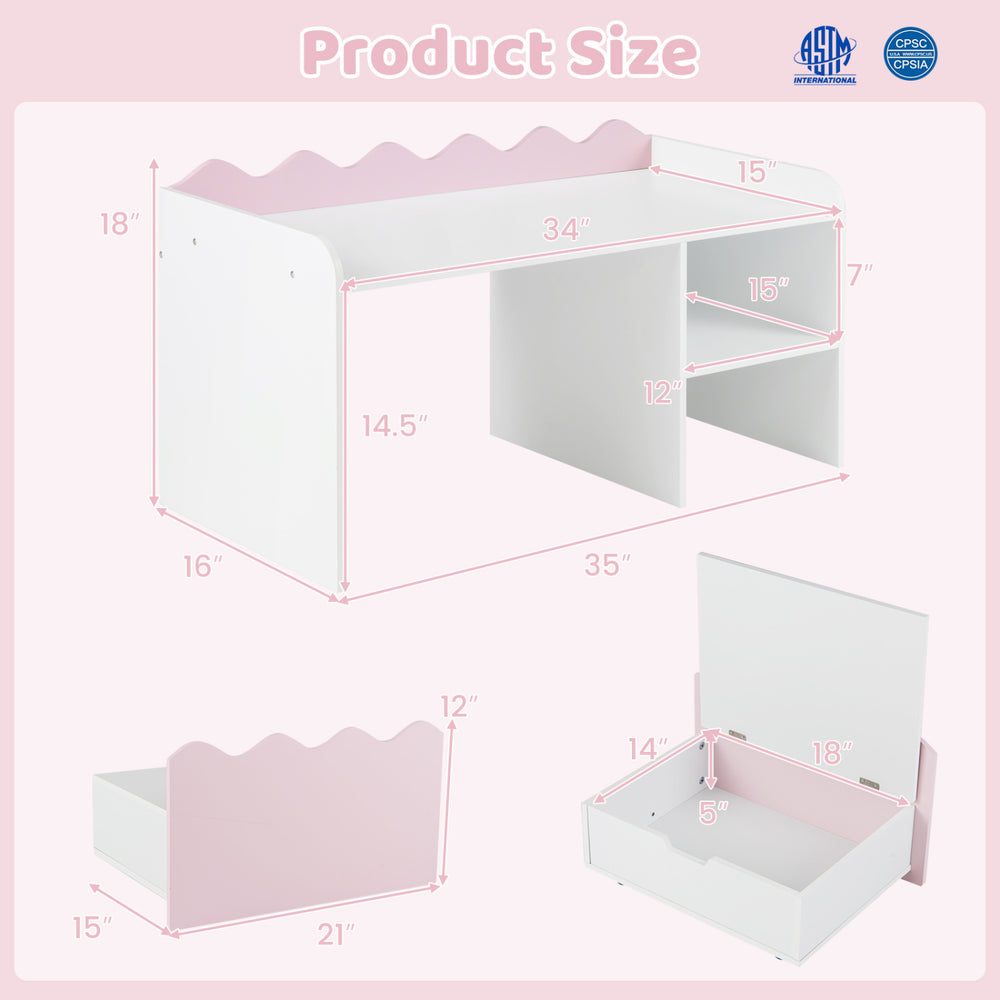 Scalloped kids bookshelf and toy storage organizer with open shelf and movable toy box, ideal for playroom use.