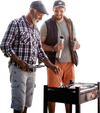 Two men grilling under a 10 x 10 feet beige screened canopy tent, ideal for camping and outdoor activities.