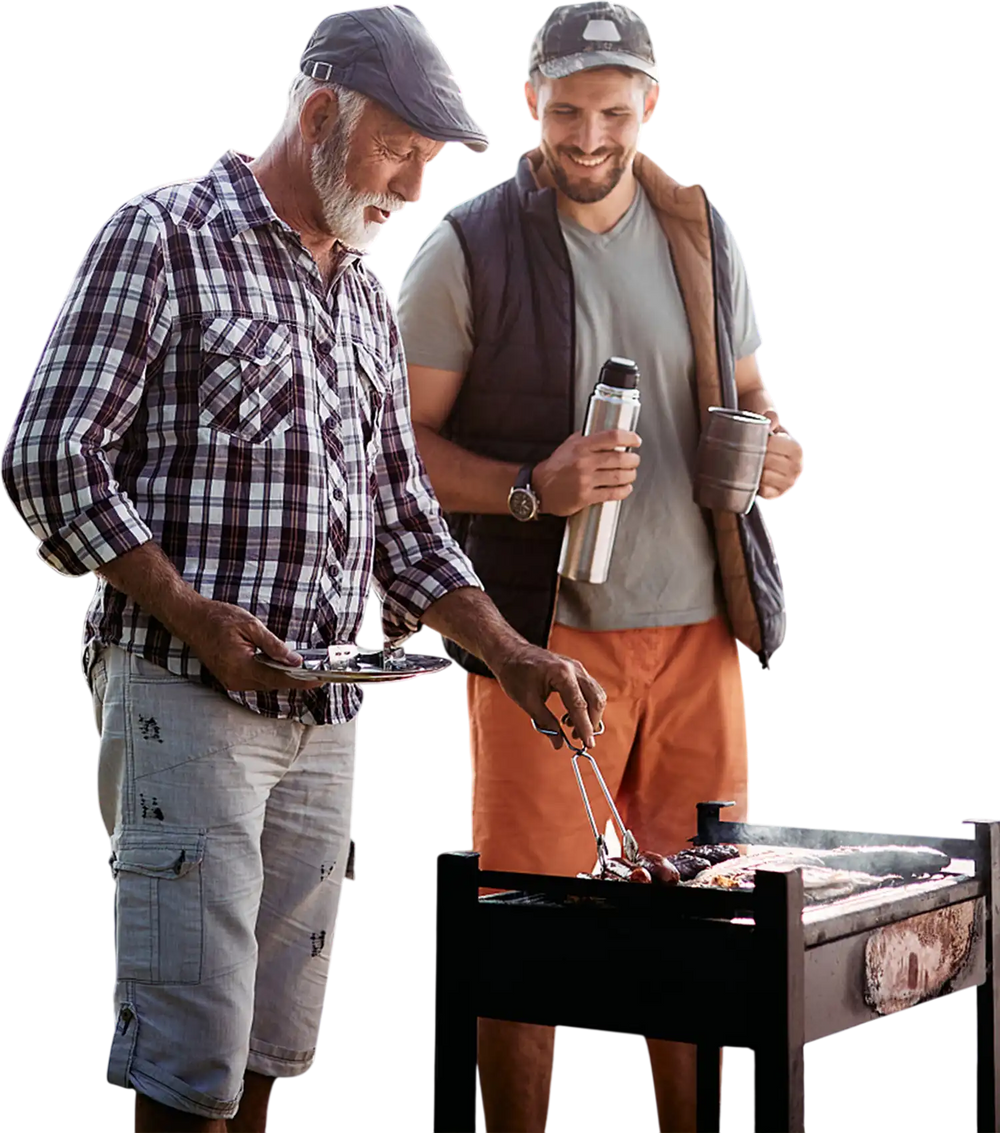 Two men grilling under a 10 x 10 feet beige screened canopy tent, ideal for camping and outdoor activities.