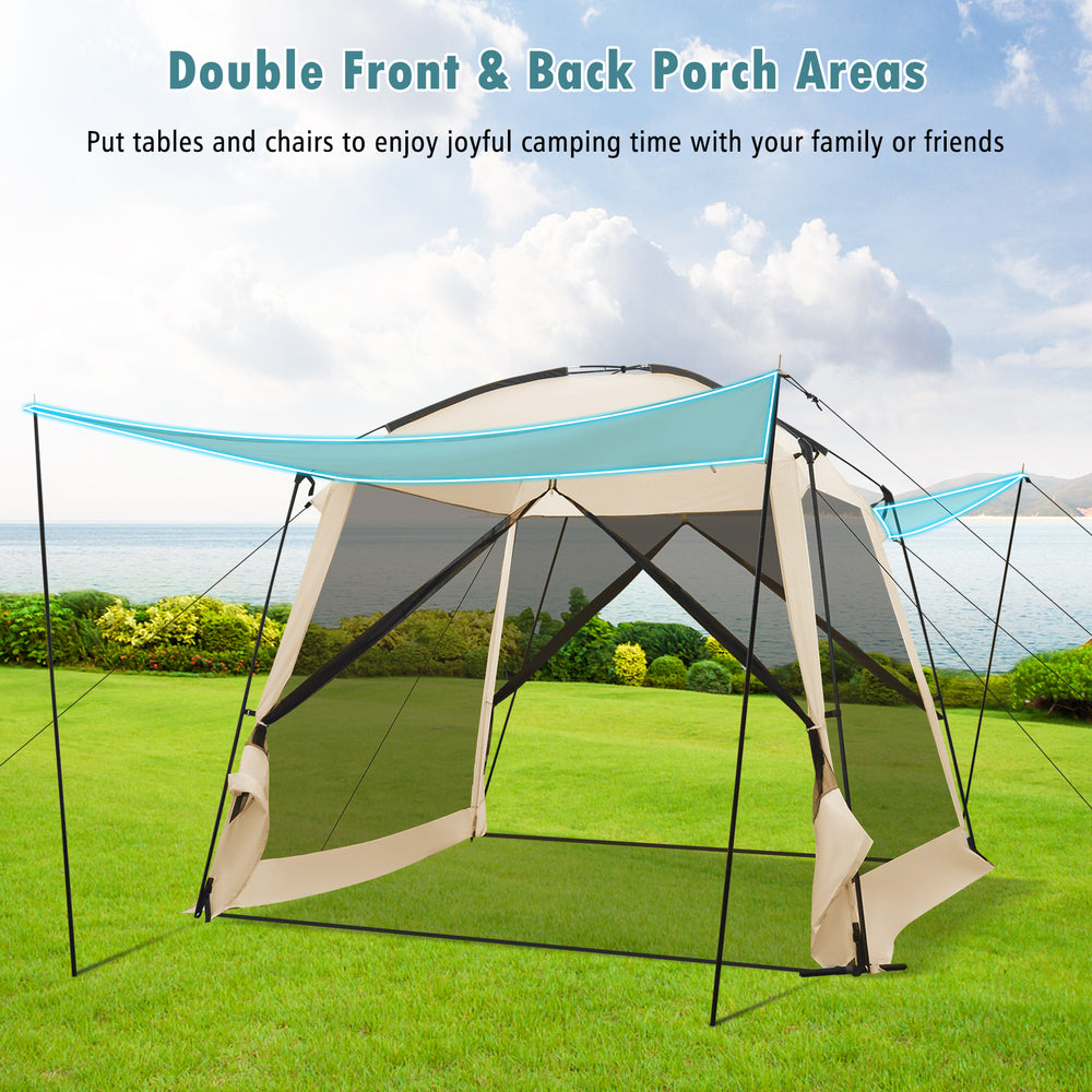 Screened canopy tent with vestibule, beige, accommodates 6-8 people, ideal for camping and outdoor activities.