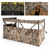 See-through hunting blind panel with camouflage pattern, adjustable windows, and dog doors for 1-3 people in outdoor.