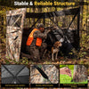 Pop-up hunting blind with camouflage pattern, featuring adjustable windows and dog doors for 1-3 people in a forest.