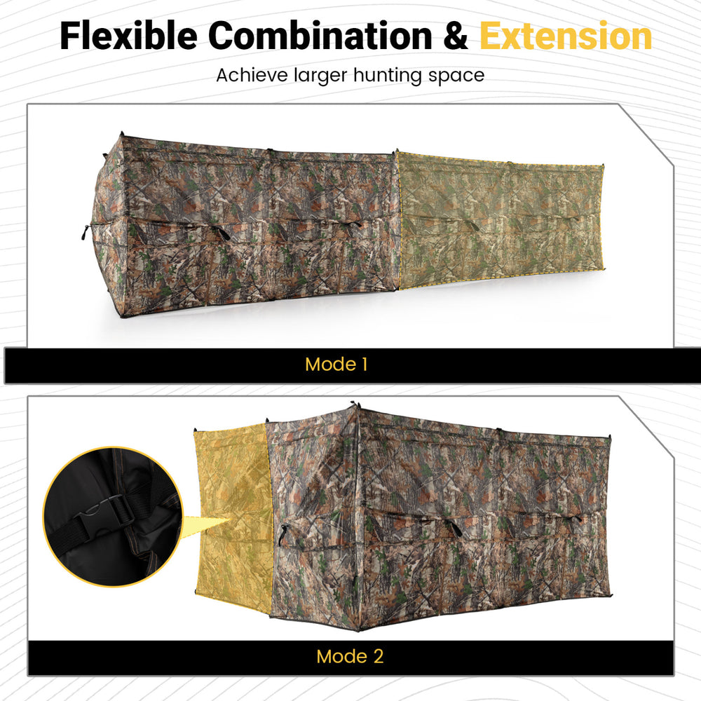 Flexible hunting blind panel in camouflage, featuring extension capabilities and dog doors for enhanced hunting space.