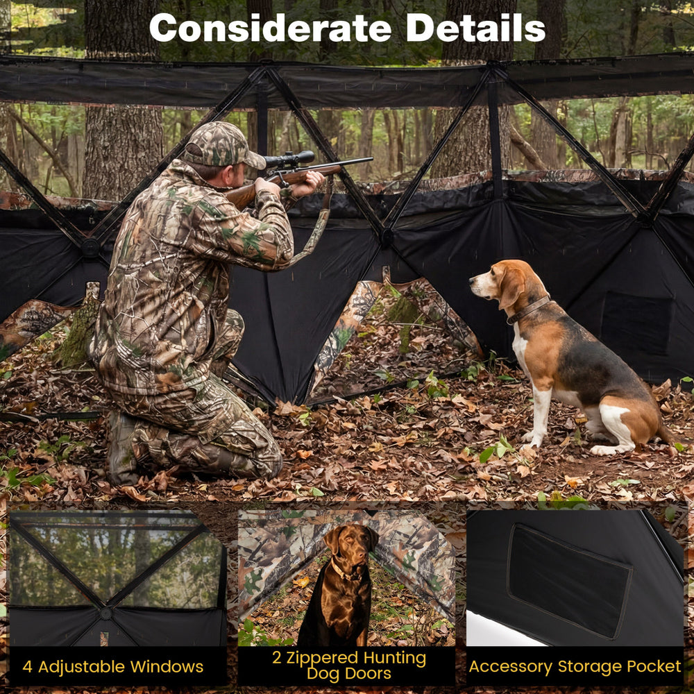 See-through hunting blind panel with 4 adjustable windows and 2 zippered dog doors for enhanced hunting synergy.