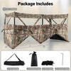 Pop-up camouflage hunting blind panel for 1-3 people with adjustable windows and dog doors, includes storage bag.