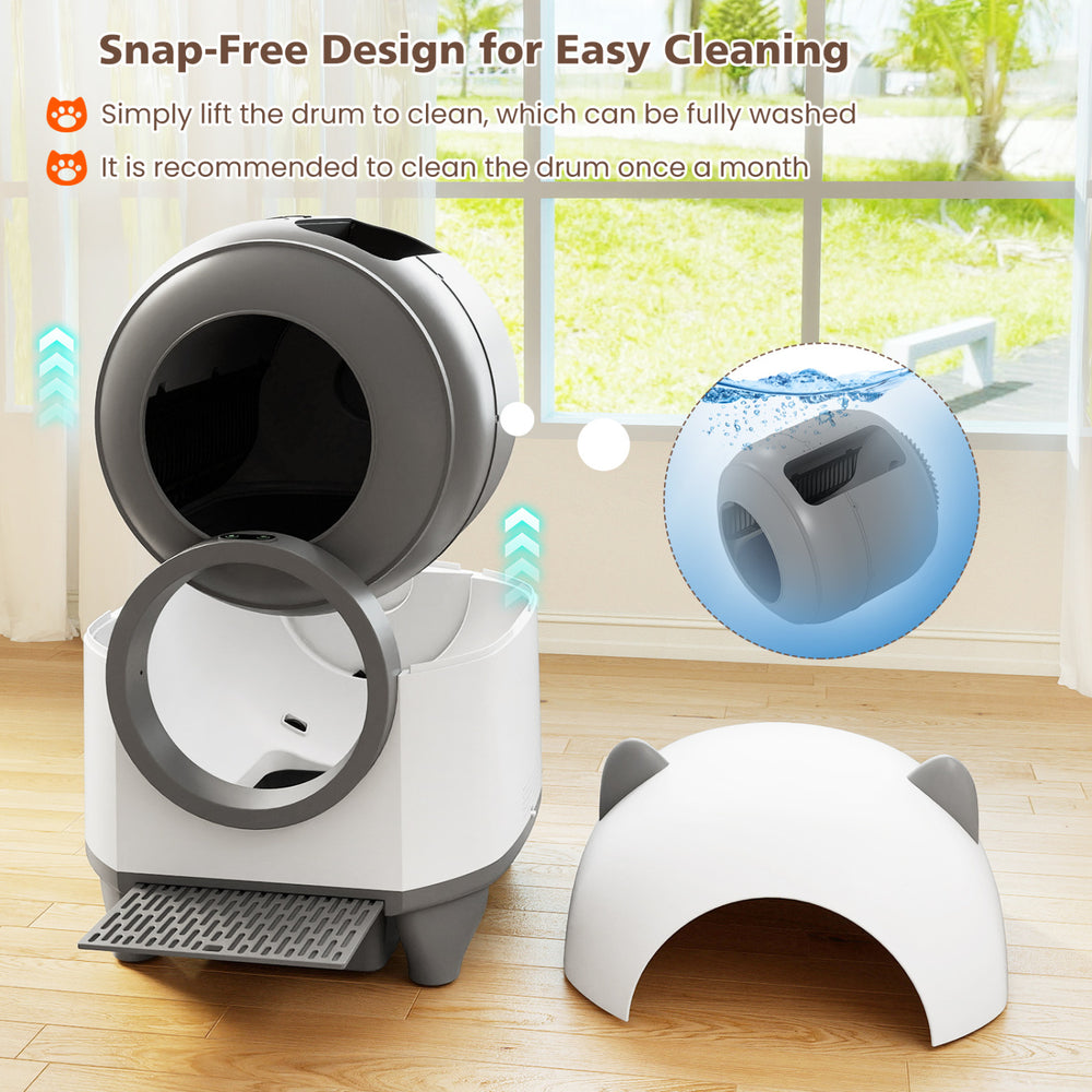 Self-cleaning litter box with snap-free design for easy cleaning, suitable for multi-cat households and senior cats.