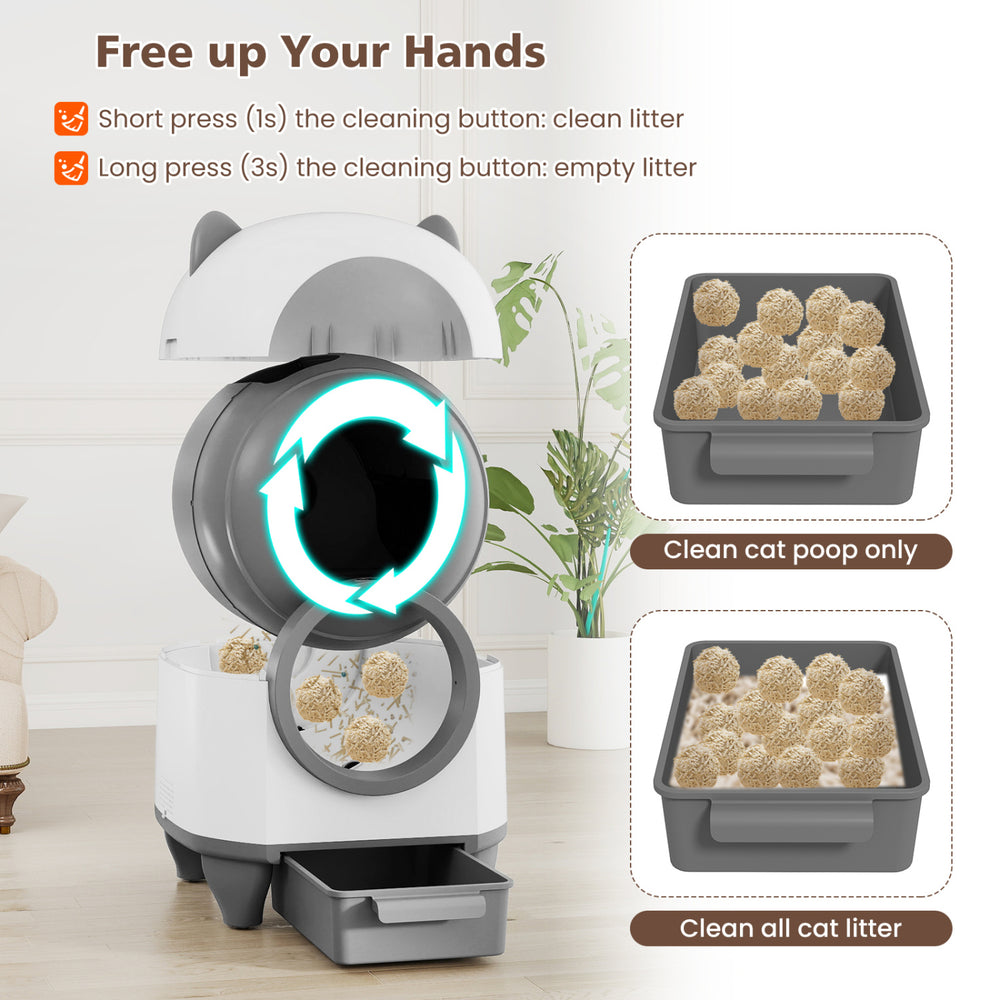 Self-cleaning litter box for multi-cat homes, features 80L drum, odor control, and remote monitoring for easy.