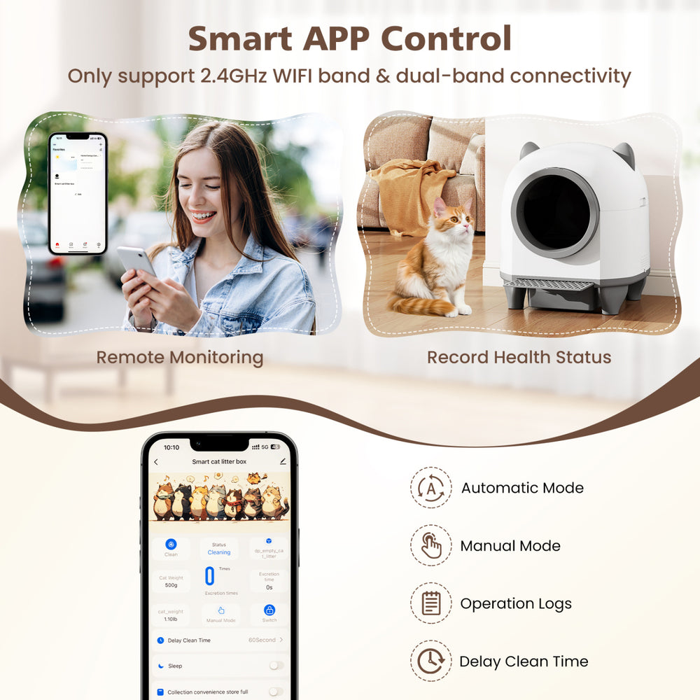Self-cleaning litter box for multi-cat homes, featuring smart app control, remote monitoring, and quiet operation.