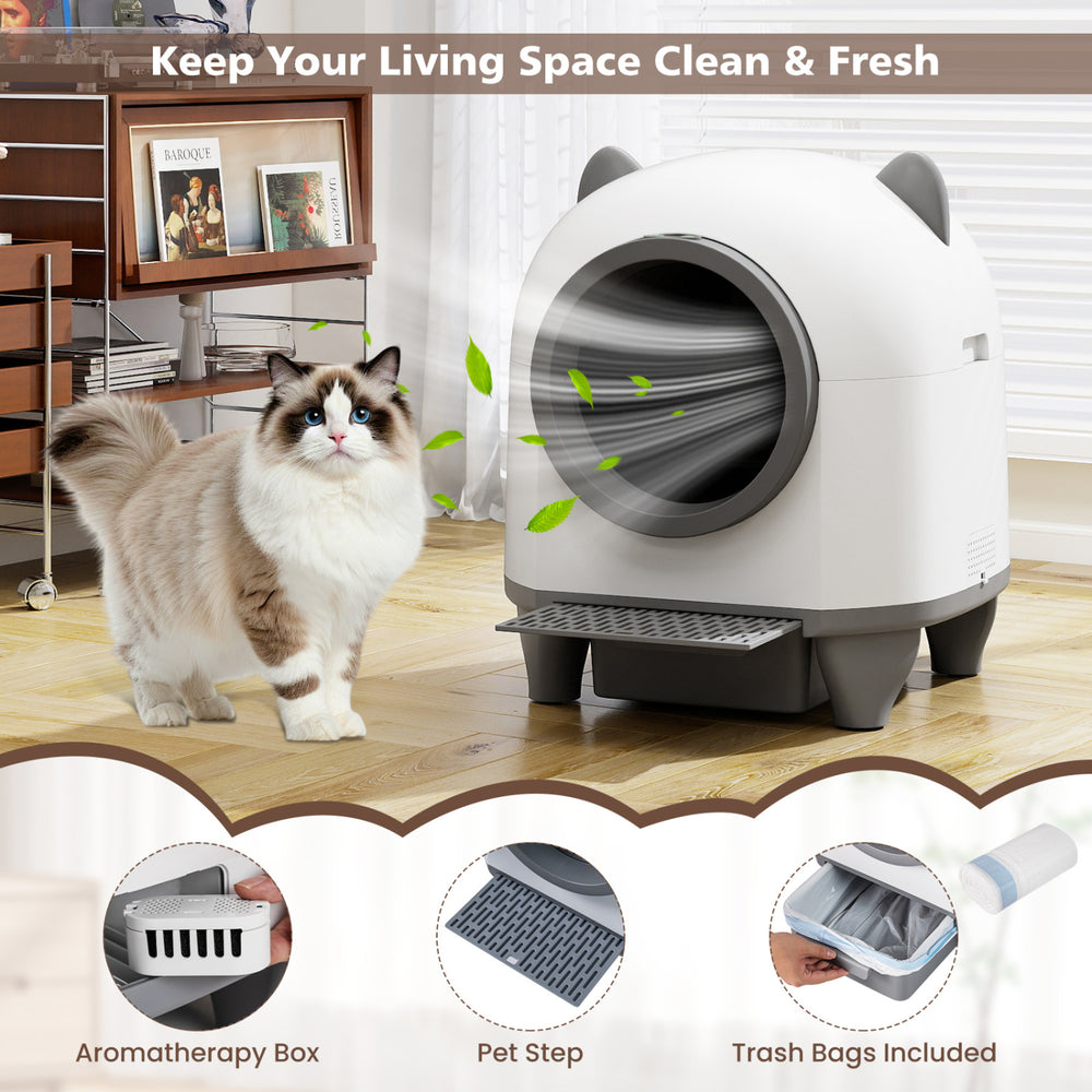 Self-cleaning litter box for multi-cat homes, featuring an aromatherapy box and pet step for easy access.