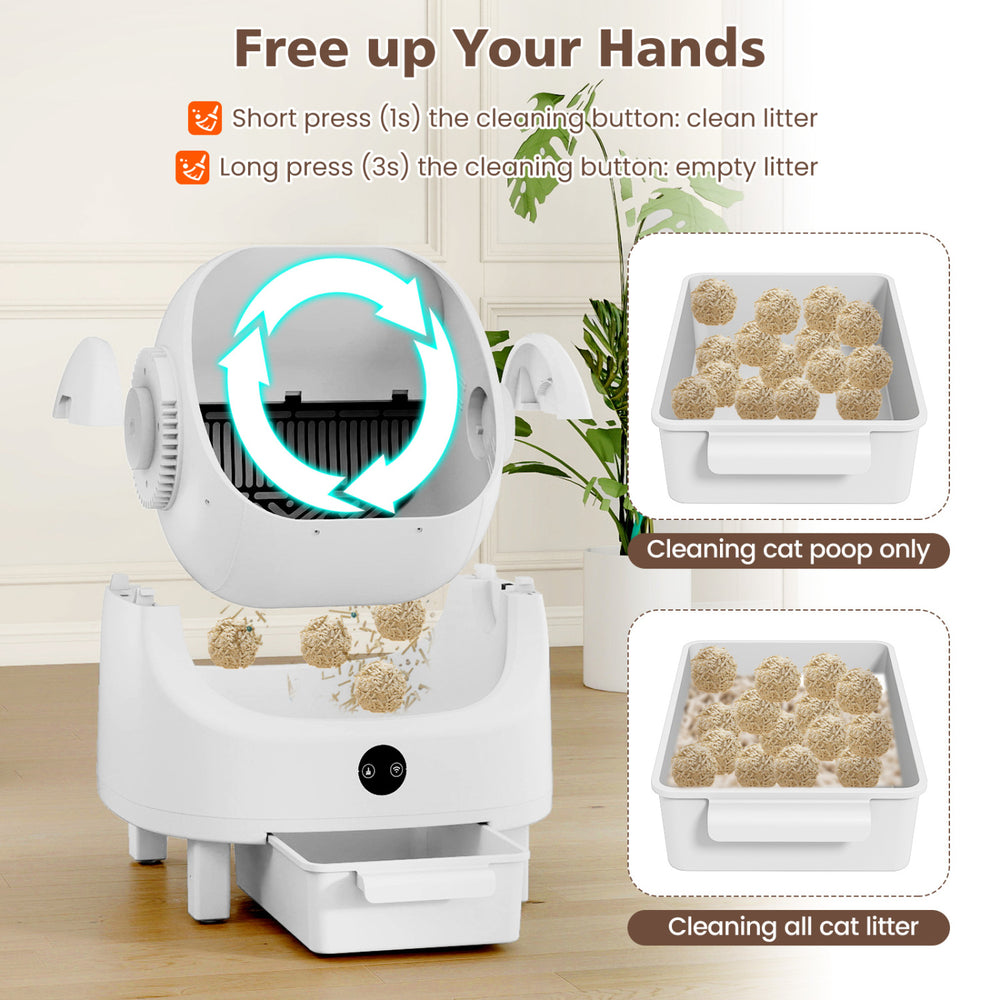 Self-cleaning open-top cat litter box with APP control, featuring an 8L waste bin and infrared safety sensor for.