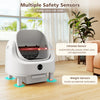 Self-cleaning open-top cat litter box with infrared and weight sensors for safety, designed for multi-cat households.