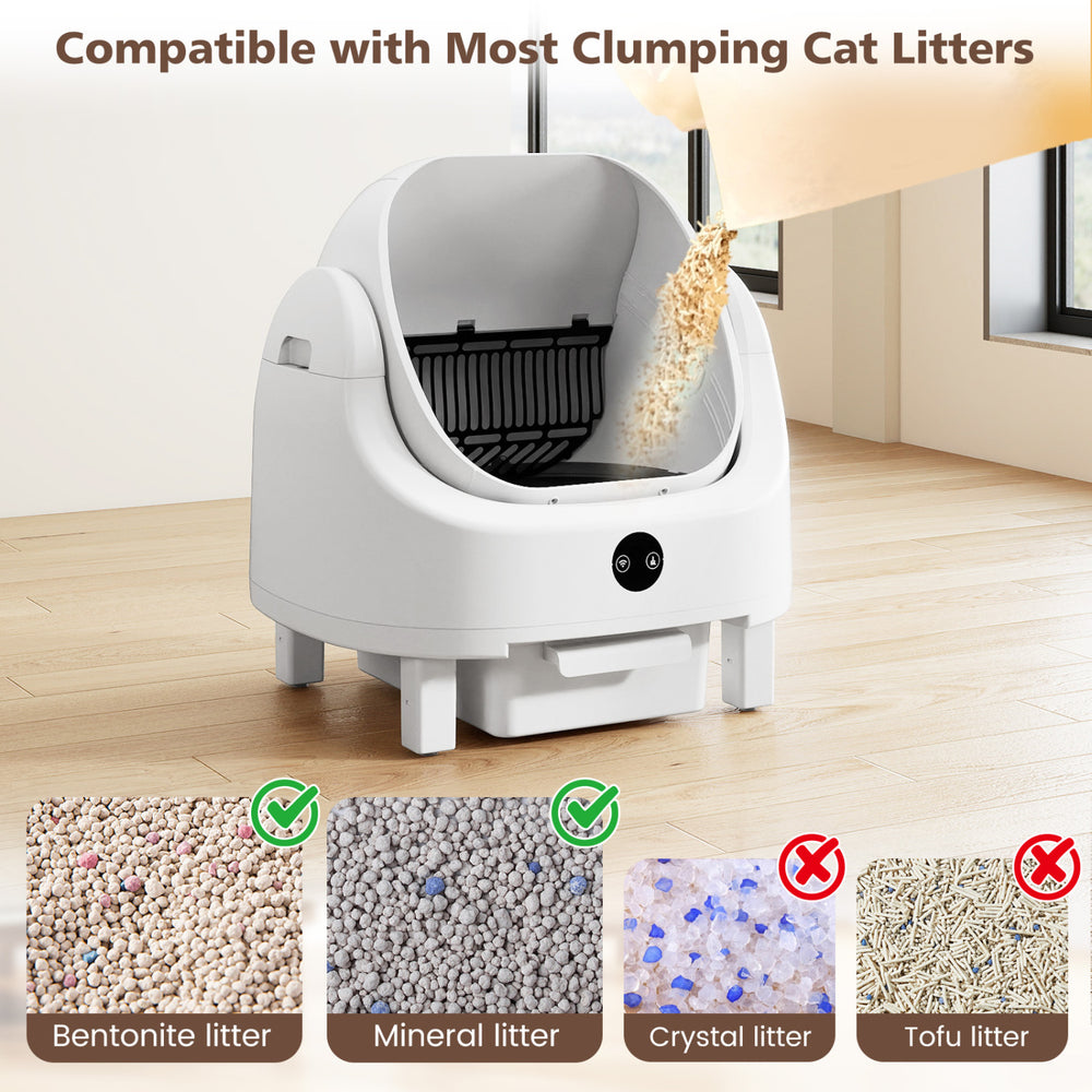 Self-cleaning open-top cat litter box with APP control, compatible with bentonite and mineral clumping litters for.