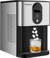 Self-dispensing nugget ice maker in silver, producing chewable ice cubes for drinks, with a 3.3 lbs storage capacity.