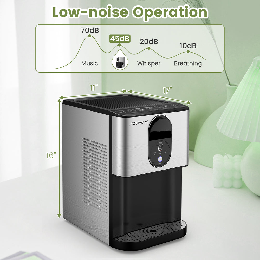 Self-dispensing nugget ice maker in silver with a 3.3 lbs capacity, featuring low-noise operation for convenient use.