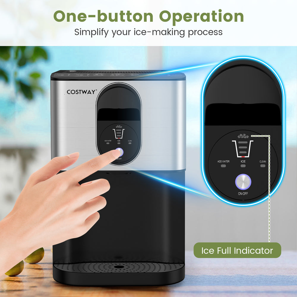Self-dispensing nugget ice maker in silver with one-button operation and ice full indicator for easy ice production.