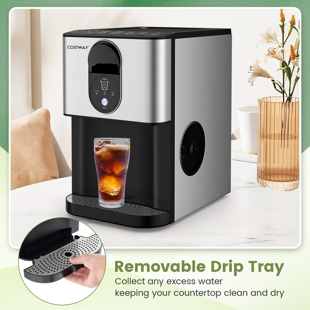 Self-dispensing nugget ice maker in silver with removable drip tray for easy cleaning and efficient ice production.