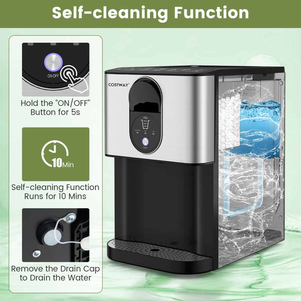 Self-dispensing nugget ice maker with self-cleaning function, 3.3 lbs capacity, and 56 lbs daily ice production.